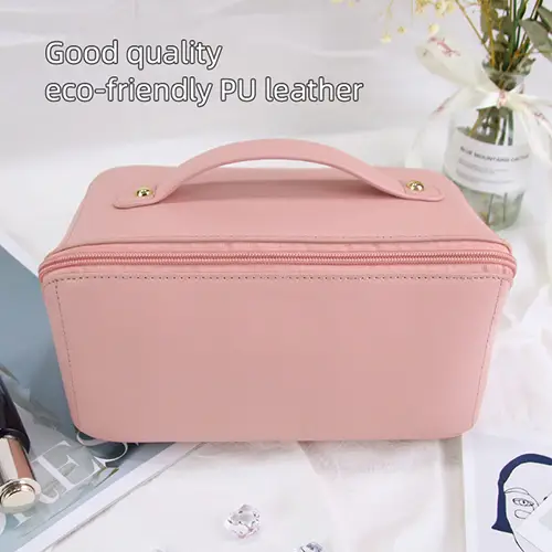 Bearky Beauty Ladies Simple Travel Cosmetic Bag PU Leather Portable Zipper Toiletry Makeup Pouch